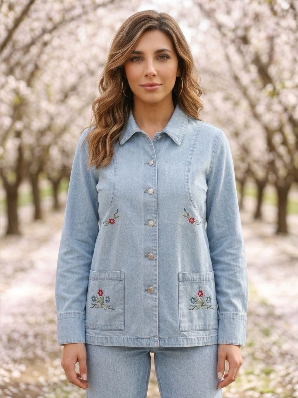 Light Blue Embroidered Denim Jacket - Women's Casual Jacket
